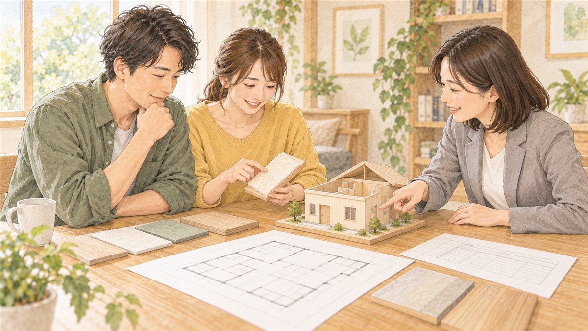 住宅の模型と図面、断熱材の見本を見ながら、あとから変えにくい部分を確認する夫婦と担当者の水彩・色鉛筆風イラスト