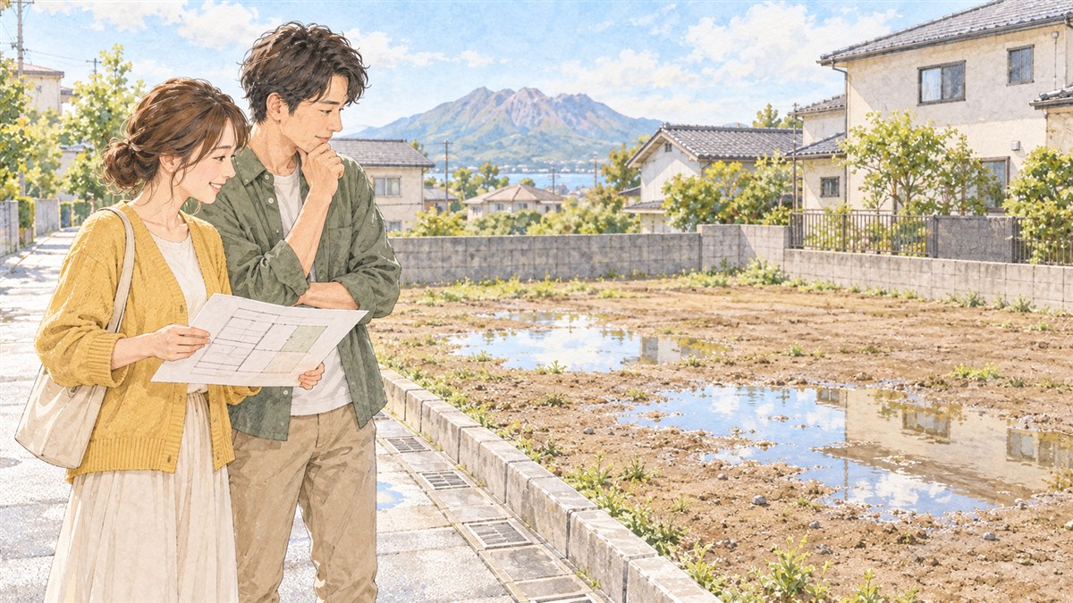 安全な歩道から土地に残った水たまりを見る夫婦の水彩・色鉛筆風イラスト（AI生成）
