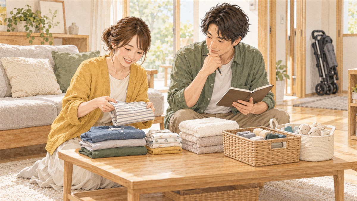 服やタオル、収納かごを並べて、しまう物を整理する夫婦の水彩・色鉛筆風イラスト(AI生成)