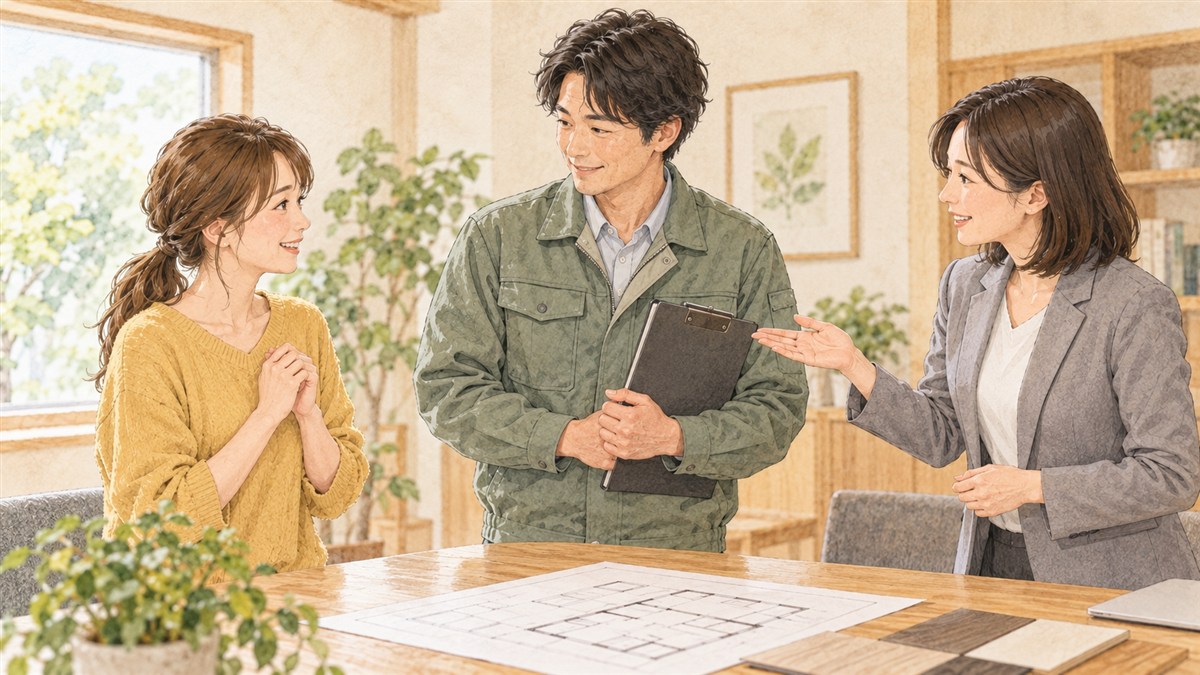 営業担当から現場担当者の紹介を受け、役割分担を確認する施主の水彩・色鉛筆風イラスト（AI生成）