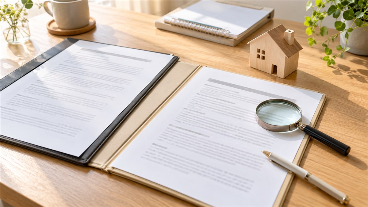 住宅の保証条件を確認する書類と家の模型のイメージ(AI生成)