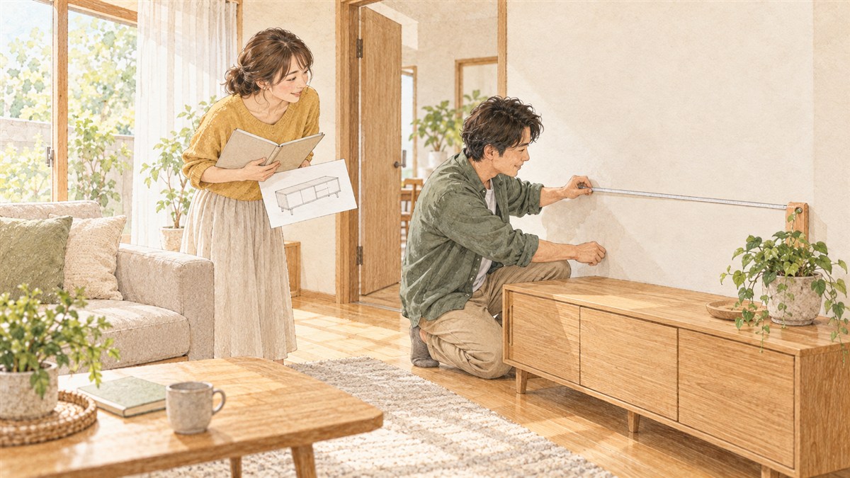 新居の壁際で、あとから置く収納家具の大きさと通り道を確認する夫婦の水彩・色鉛筆風イラスト