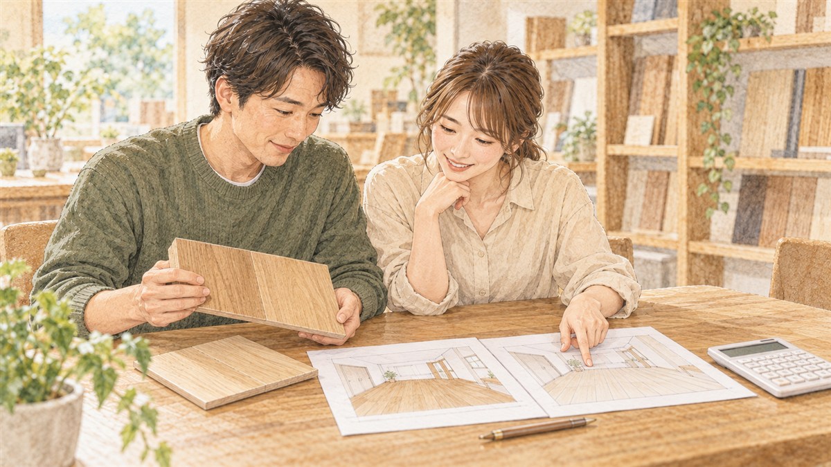 床材のサンプルと変更前後の資料を見比べ、注文内容を確認する夫婦の水彩・色鉛筆風イラスト