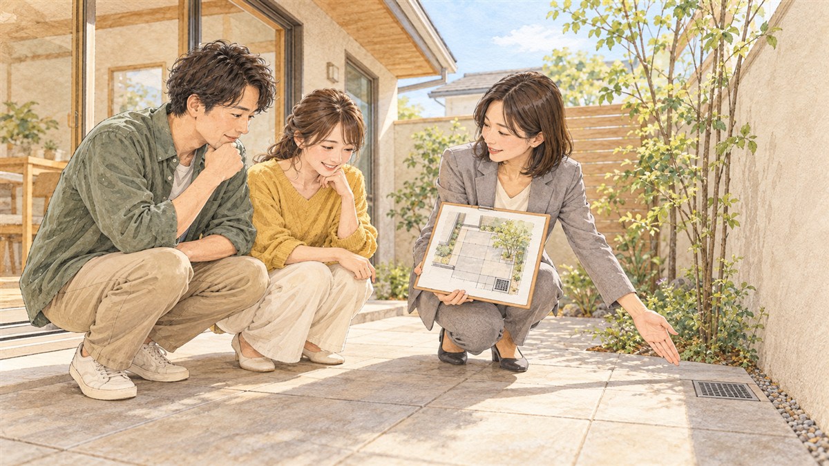中庭の排水口と図面を見比べながら担当者に相談する夫婦の水彩・色鉛筆風イラスト