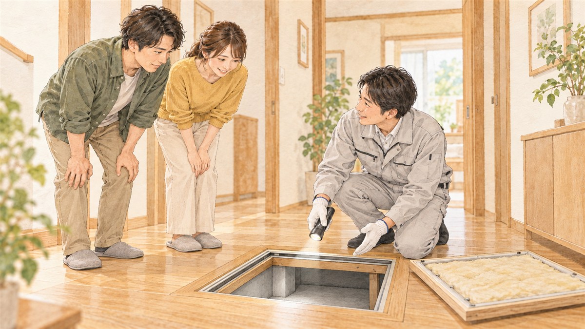 開いた点検口を専門家が上から確認し夫婦に説明する水彩・色鉛筆風イメージイラスト