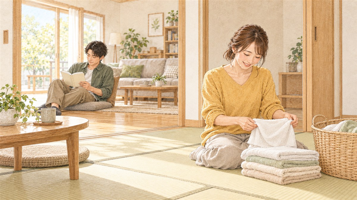 リビングに隣接する畳の空間で、読書や洗濯物を畳む普段の暮らしを描いた水彩・色鉛筆風イラスト