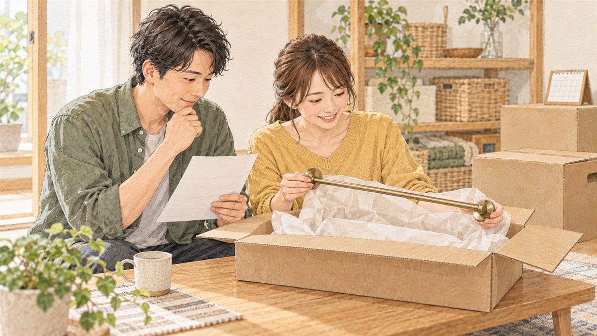 届いた箱を開けてタオル掛けと注文内容を確認する夫婦の水彩・色鉛筆風イラスト