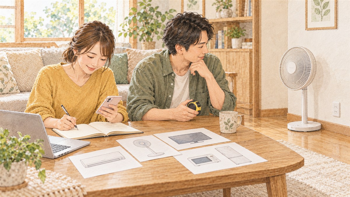 扇風機や充電する機器の置き場所をメモする夫婦の水彩・色鉛筆風イラスト