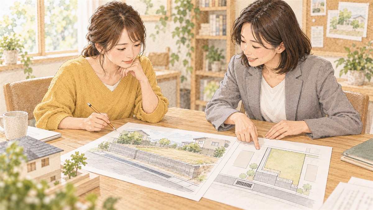 敷地の高低差と排水設備の資料を相談員と確認する水彩・色鉛筆風イラスト（AI生成）