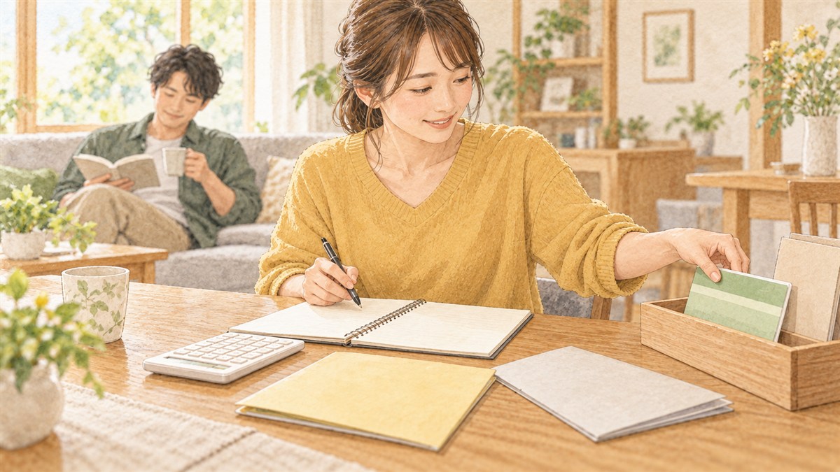 家計ノートを確認しながら備えの通帳を分けて置く女性の水彩・色鉛筆風イラスト(AI生成)