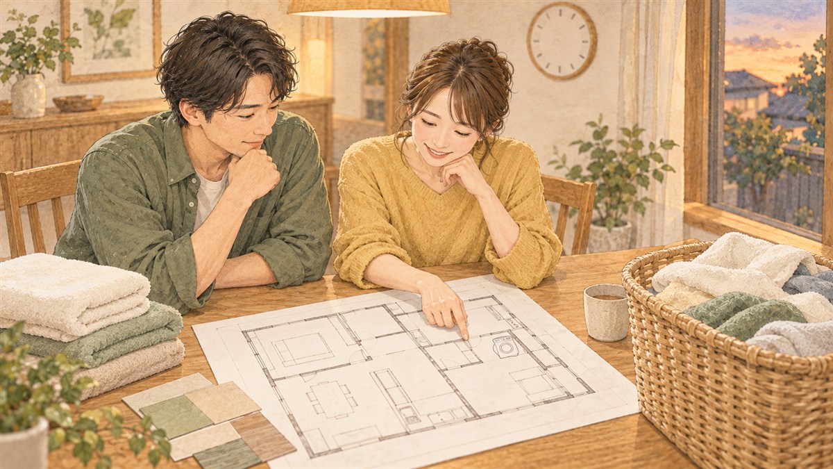 間取り図と時計を見ながら、乾燥機を使う時間と寝室の位置を話し合う夫婦の水彩・色鉛筆風イラスト
