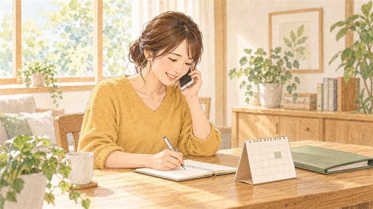 住宅会社へ電話で返答予定を確認し、カレンダーを見ながらメモする施主の水彩・色鉛筆風イラスト（AI生成）
