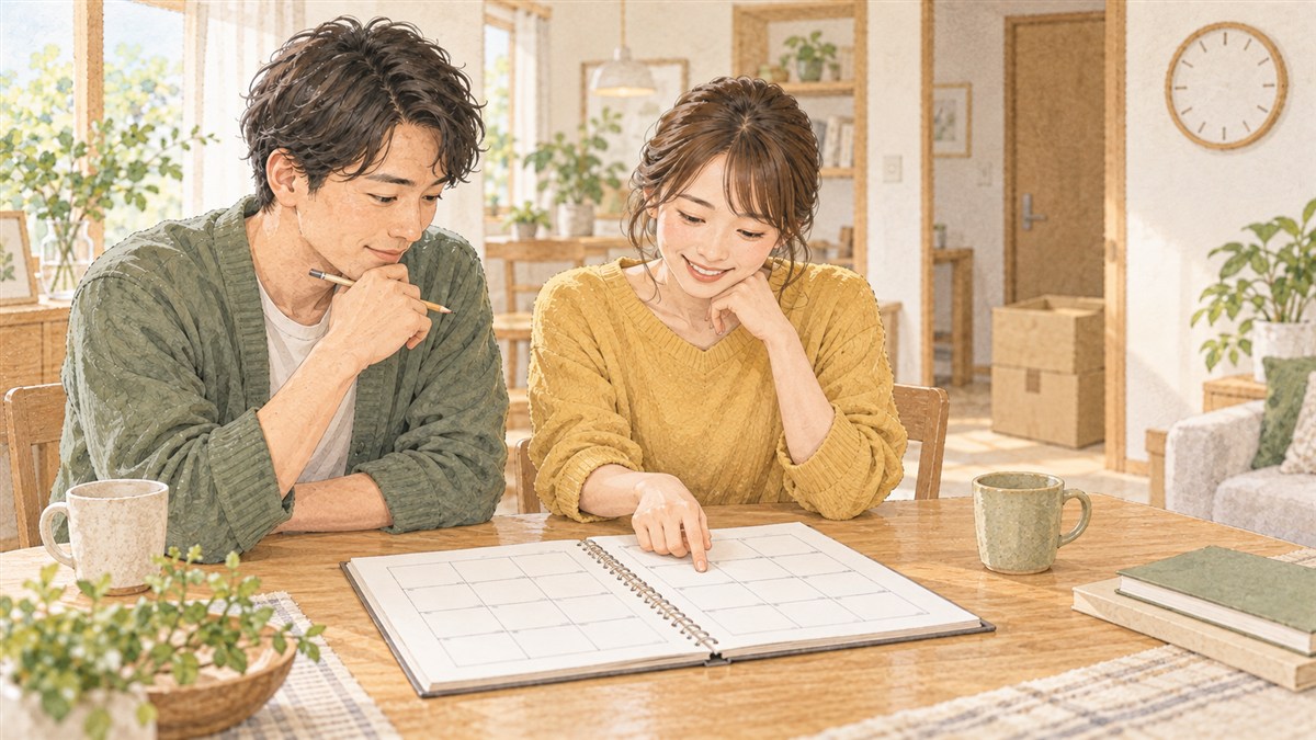食卓で予定表を広げ入居までの時間を話し合う夫婦の水彩・色鉛筆風イラスト（AI生成）