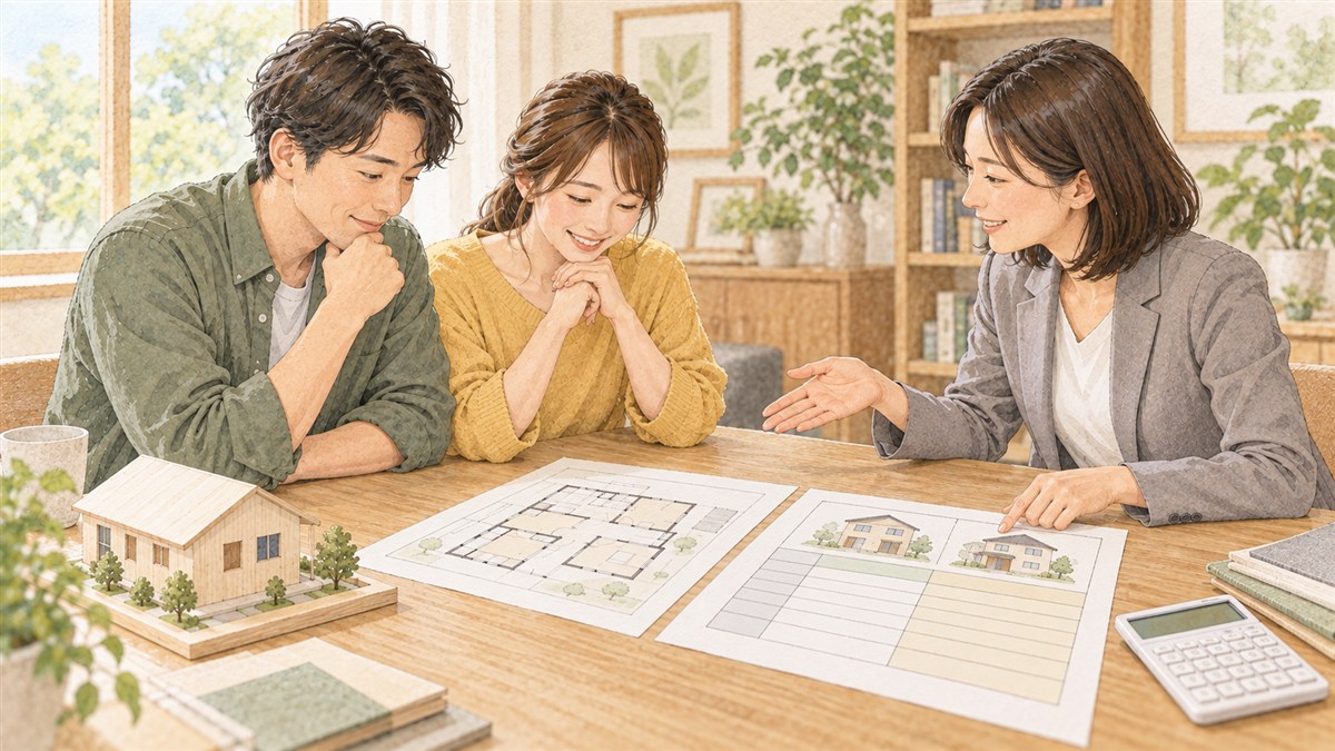 住宅の見積もりと性能資料を相談員と確認する夫婦の水彩・色鉛筆風イラスト（AI生成）