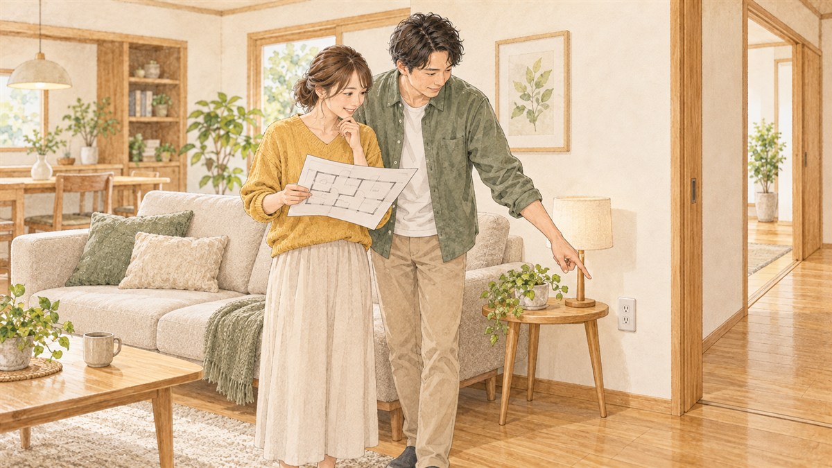 ソファーまわりの通り道と壁のコンセント位置を確認する夫婦の水彩・色鉛筆風イラスト
