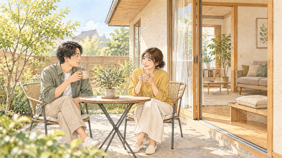 リビングから出られる中庭でお茶を楽しむ夫婦の水彩・色鉛筆風イラスト