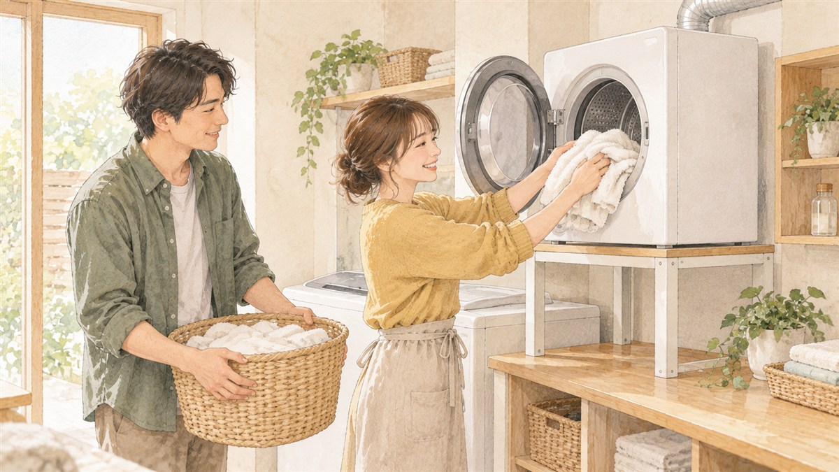 ランドリールームで乾燥機からタオルを取り出す高さと、洗濯かごの置き場を確認する夫婦の水彩・色鉛筆風イラスト