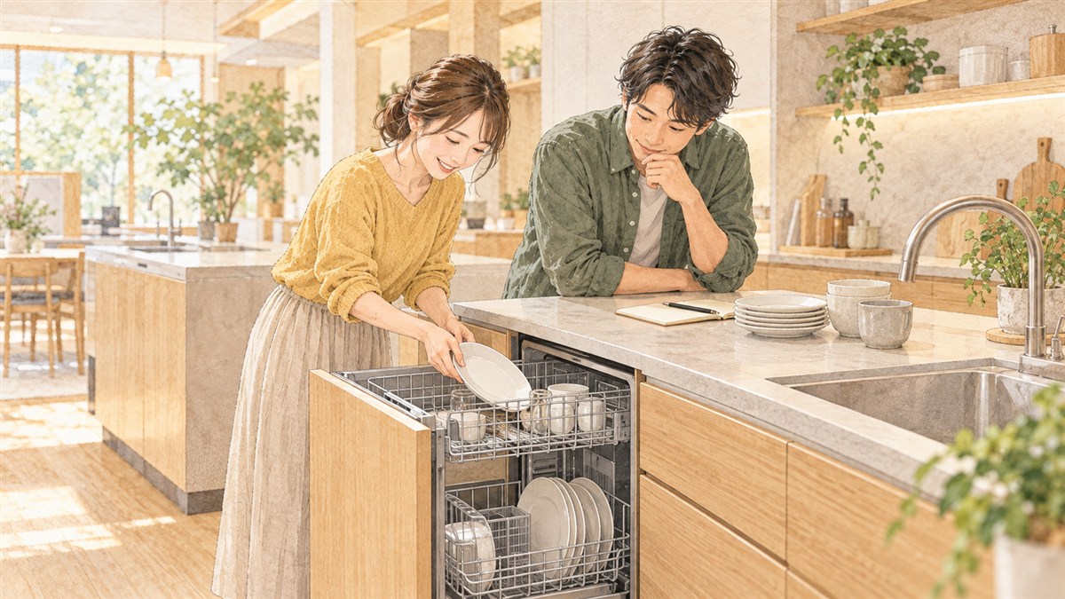 キッチンで食洗機や作業台の使い方を確認し、毎日残したい機能を話し合う夫婦の水彩・色鉛筆風イラスト
