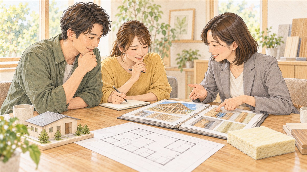 施工写真と図面を見ながら断熱の説明を聞く夫婦の水彩・色鉛筆風イメージイラスト