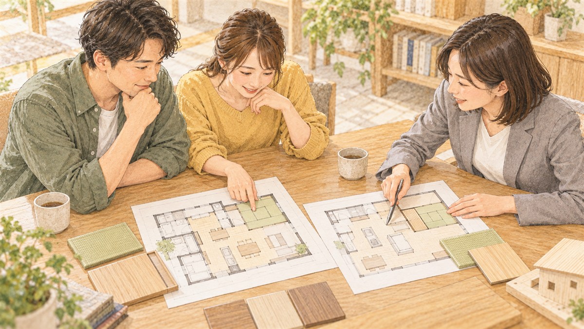 2つの間取り図と畳の見本を並べ、独立した和室と畳コーナーを比較する夫婦と担当者の水彩・色鉛筆風イラスト