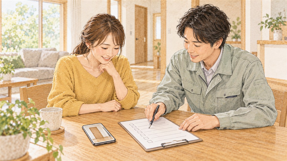 施主と住宅会社の担当者が写真と一覧で指摘箇所の対応を確認する水彩風イラスト（AI生成）