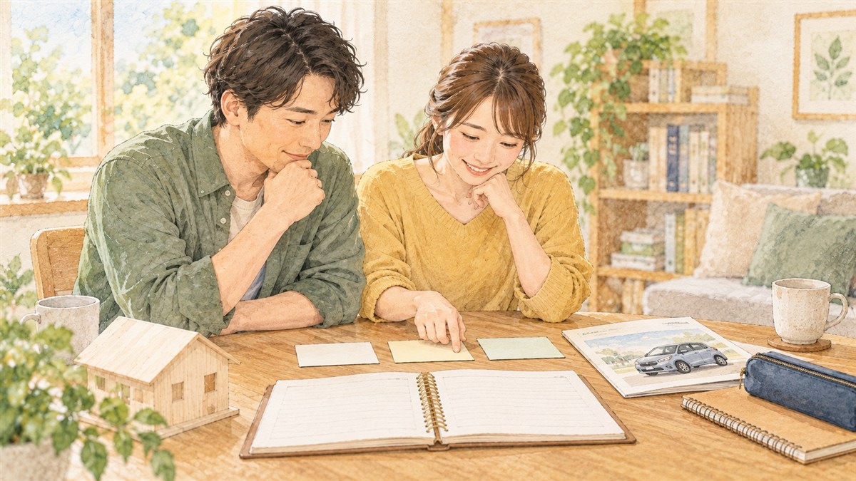 予定表と車の資料を広げ将来の支出を整理する夫婦の水彩・色鉛筆風イラスト(AI生成)