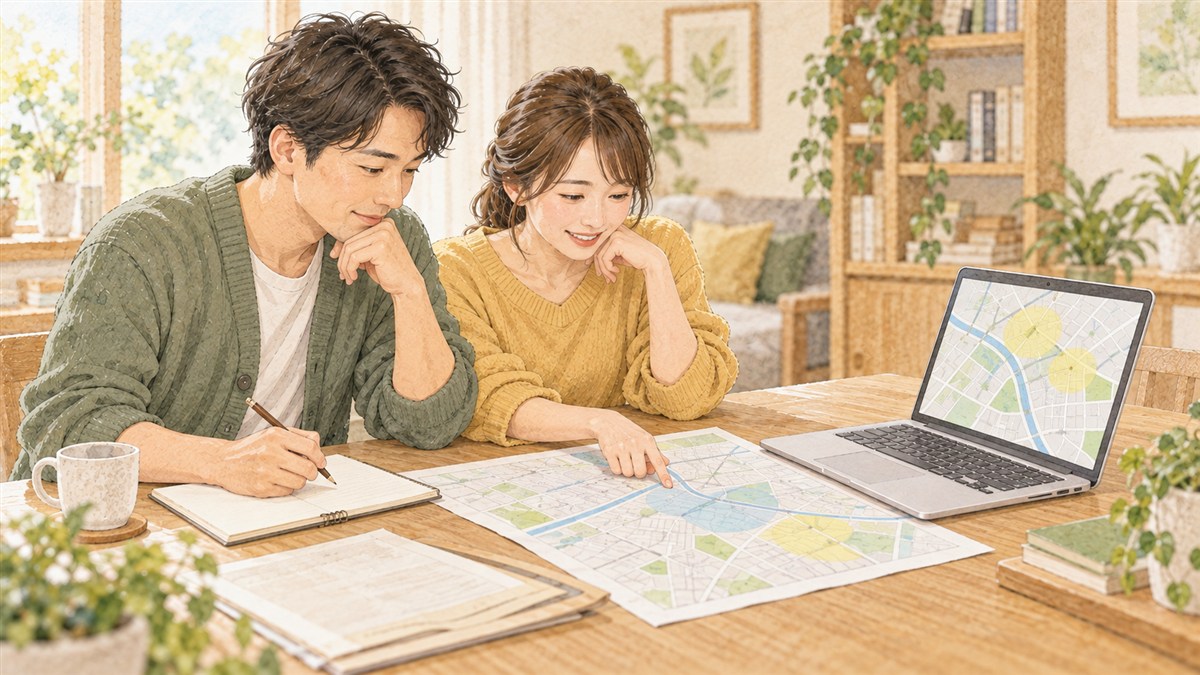 自宅でハザードマップと土地の資料を見比べる夫婦の水彩・色鉛筆風イラスト（AI生成）