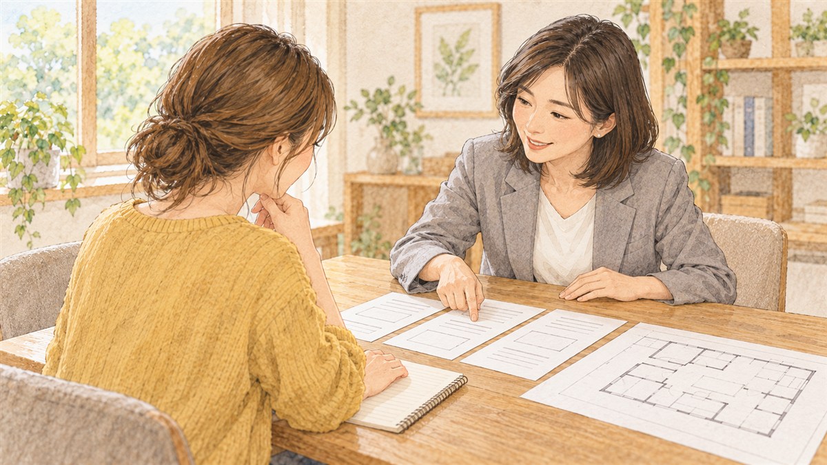 相談員とやり取りの記録を整理し、次の対応を相談する施主の水彩・色鉛筆風イラスト（AI生成）