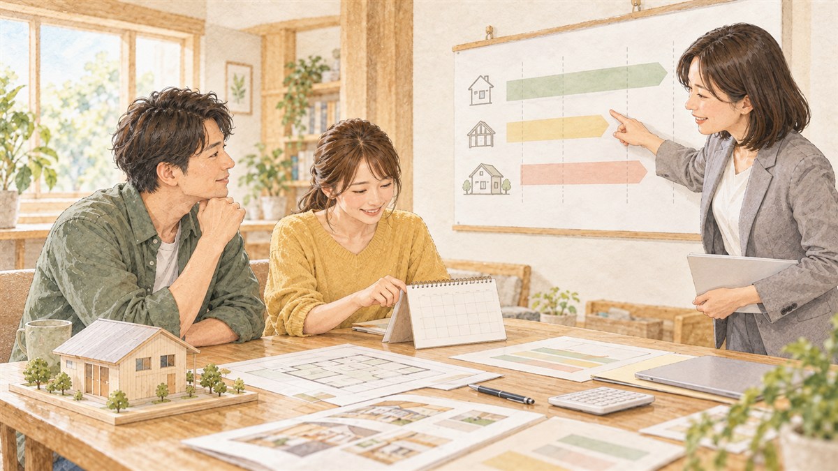 日程表と支払いの資料を見比べ、引き渡しまでの予定を確認する夫婦と担当者の水彩・色鉛筆風イラスト