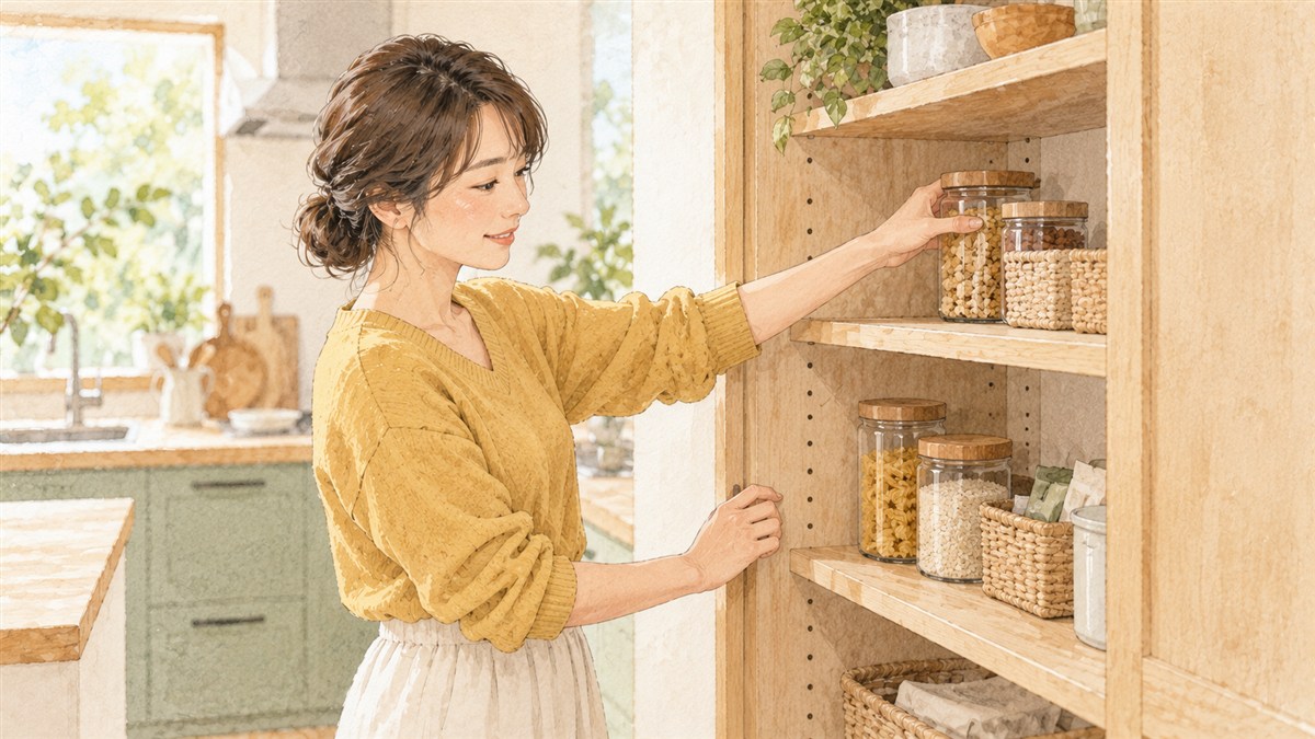 食品を置いた棚の奥行きと手の届きやすさを確認する人の水彩・色鉛筆風イラスト(AI生成)