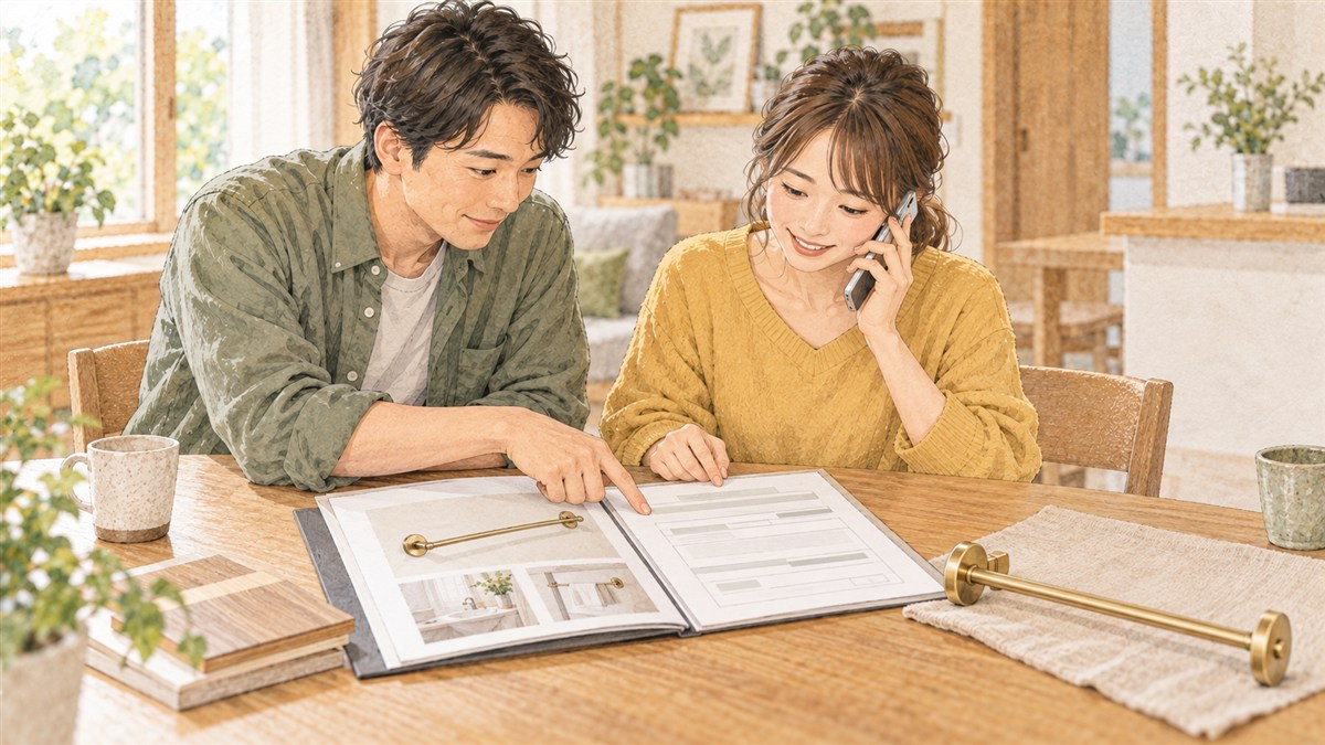 商品の書類を見ながら保証や連絡先について電話で確認する夫婦の水彩・色鉛筆風イラスト